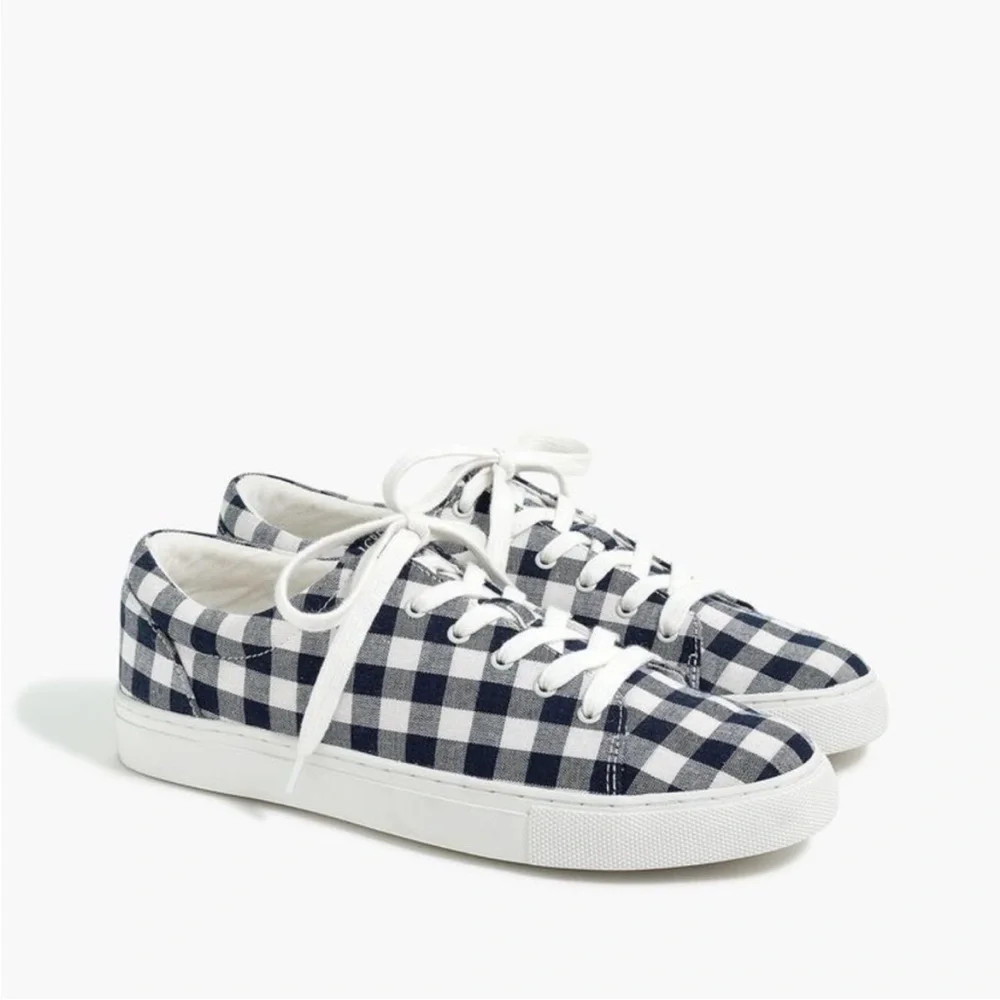 J. Crew Factory Navy Blue Gingham Printed Canvas Lace Up Road Trip Sneakers SZ 9
